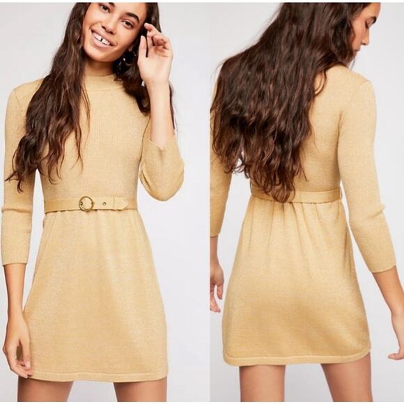 Free People Metallic Gold French Girl Mini Dress Belted 3/4 Sleeve Small - Picture 1 of 8